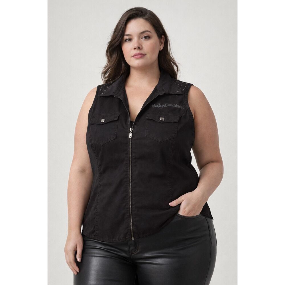 Harley Davidson Womens 1W Black Studded Moto Vest Graphic Back